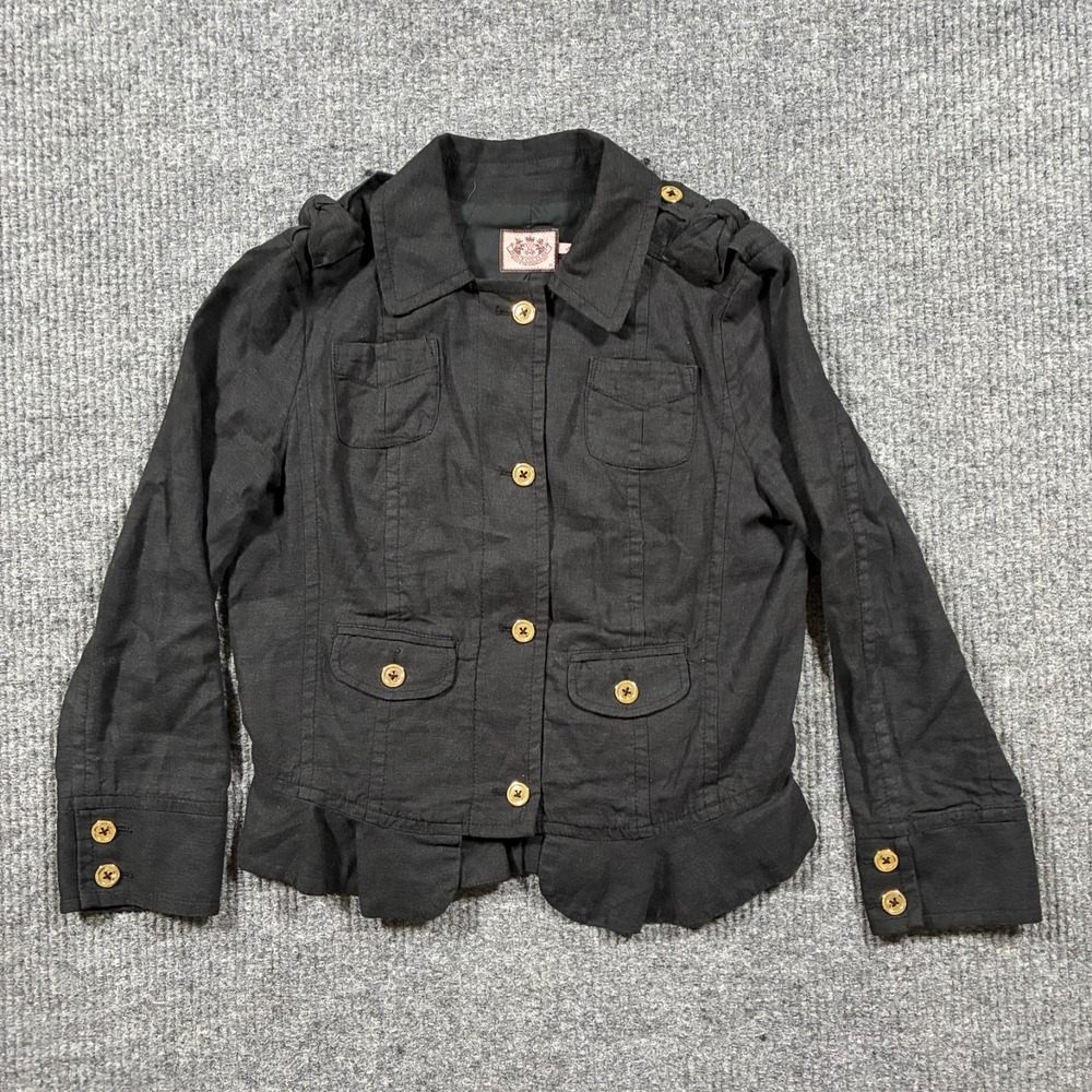 Juicy Couture Womens Military Style Jacket Medium Black Gold Buttons Ruffle Hem